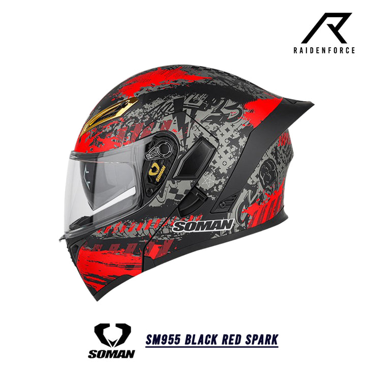 หมวกกันน็อคยกคาง SOMAN - SM955 Black Red Spark